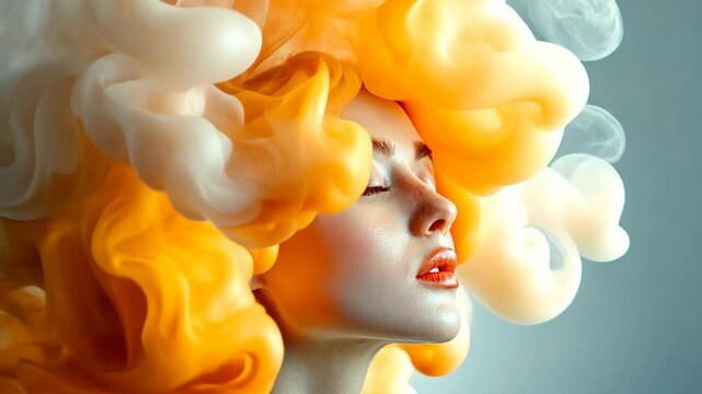 The portrait features a woman with porcelain skin, her face obscured by a mysterious fog like aura, symbolizing her heightened psychic ability and deep mental consciousness.