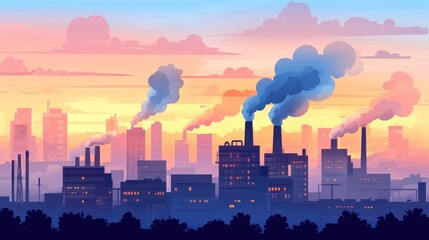Fototapeta premium Industrial skyline at sunset with smoke billowing from factories.