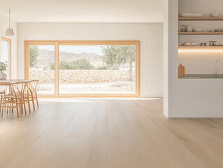 Fototapeta premium Modern minimalist interior with large window and dining area featuring wooden furniture