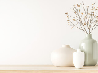 Elegant arrangement of vases with delicate branches against a minimal backdrop