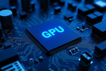 Neon GPU Graphic Processing Unit on Circuit Board in Dark Setting