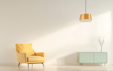 Modern minimalist living room with yellow armchair and stylish decor in natural light