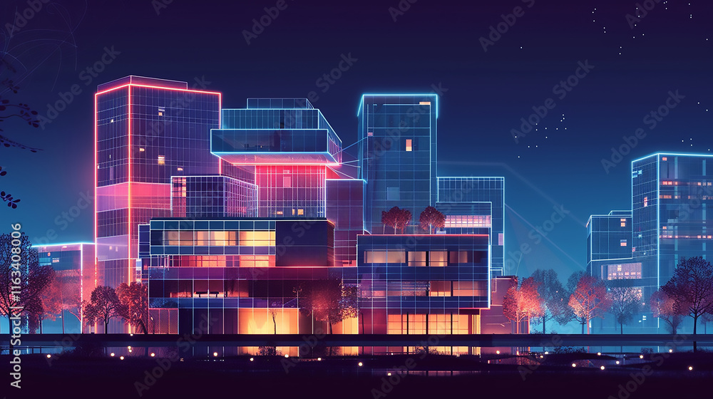 Poster abstract glowing dots and lines creating a digital data landscape futuristic city skyline glowing wi
