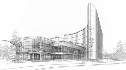 Fototapeta premium construction perspective design. abstract modern urban landscape line drawing, imaginative architecture building construction perspective design