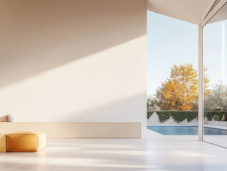 Bright modern interior with minimalistic design and autumn view from large window