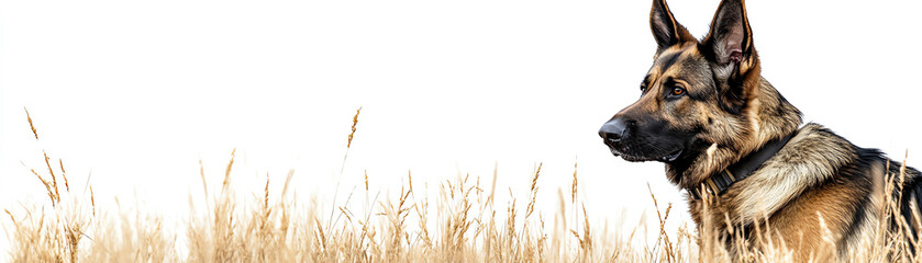 A strong German Shepherd stands alert in a field, showcasing loyalty and intelligence in a serene environment.