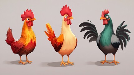 Fototapeta premium Three Colorful Roosters: Farm Birds Illustration