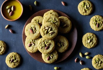 Naklejka premium A plate of ghee cookies with sorghum flour and pistachios on top