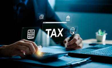Businessman Using Calculator with Virtual Tax Interface, Analyzing Financial Data and Preparing Tax Documents for Accurate Filing and Financial Management, Revenue Management for Businesses