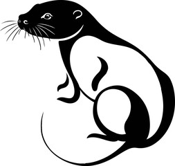 A black-and-white vector illustration of a bird perched on a textured tree branch, a rat below with sleek fur, and intricate details, all set against a clean, transparent background.