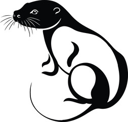 A black-and-white vector illustration of a bird perched on a textured tree branch, a rat below with sleek fur, and intricate details, all set against a clean, transparent background.