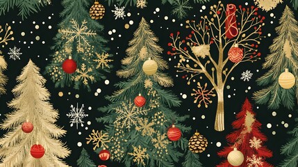 Festive Gold And Red Christmas Trees Winter Wonderland