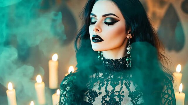 Enigmatic Gothic Beauty: A captivating portrait of a woman with dark, dramatic makeup and a black lace dress, surrounded by the ethereal glow of candles and mystical teal smoke.  