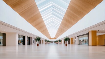 A large, empty shopping mall with a long, white ceiling and a lot of empty space