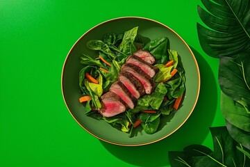 This vibrant dish features Mechoui (grilled lamb) served with fresh salad greens and vegetables, creating a colorful and delicious food experience.