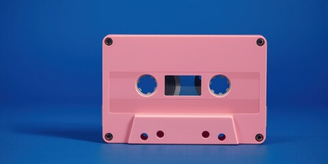 Obraz premium A pink cassette tape on a blue background a nostalgic symbol of music and memories.