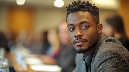 Fototapeta premium Entry-level employee takes notes during team meeting, showing focused expression while seated in contemporary conference room