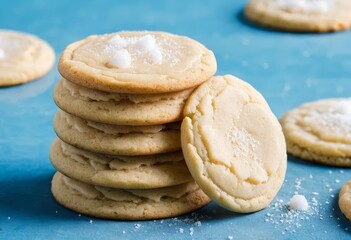 A stack of colorful sugar cookies on a blue background
