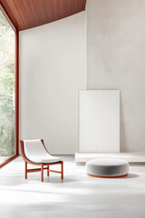 Minimalist interior design featuring a chair and a round ottoman near a large window