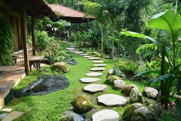 Serene Garden Pathway Surrounded by Lush Greenery, Tranquil Natural Scene with Stones, Water, and Vibrant Tropical Plants in a Peaceful Setting