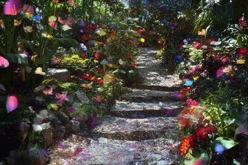 Obraz premium Serene Garden Pathway with Colorful Petals and Lush Greenery Surrounded by Blooming Flowers in a Tranquil Outdoor Setting