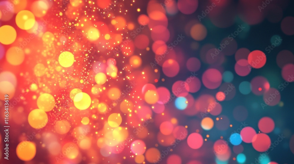 Poster abstract bokeh background with warm and cool color tones, featuring bright circles and glowing parti