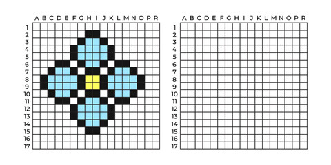 Copy Educational game for children. Pixel art flower Coloring by numbers for little children A simple pattern for aquamosaics, various types of mosaics, and cross stitch. Repeat the drawing.