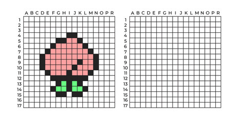 Copy Educational game for children. Pixel art peach. Coloring by numbers for little children A simple pattern for aquamosaics, various types of mosaics, and cross stitch. Repeat the drawing fruit.