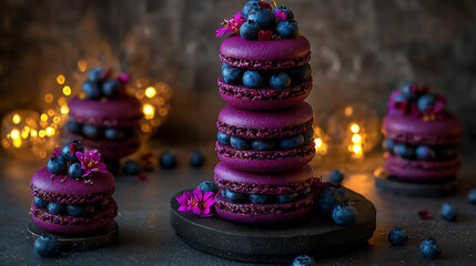  elegant blueberry macarons with edible flowers
