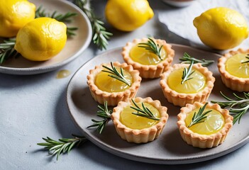Close-up of mini lemon rosemary tartlets on a plate with a fork and rosemary sprigs