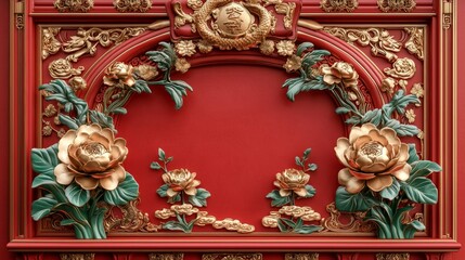 Elegant Red Gold Chinese Floral Frame Asian Art Luxury Design 3D Render
