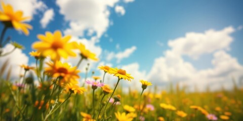 Vibrant yellow wildflowers basking in sunny meadow under a bright blue sky with fluffy white clouds