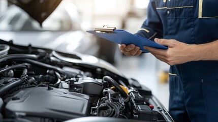 A mechanic is inspecting a car engine with a clipboard