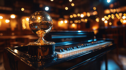 Golden trophy atop piano in concert venue
