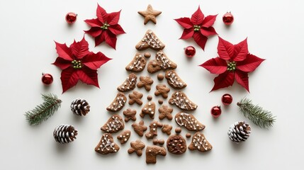 Festive christmas frame with gingerbread cookies, red poinsettia flowers, ornaments, and spruce cones on white background – top view holiday design with copy space


