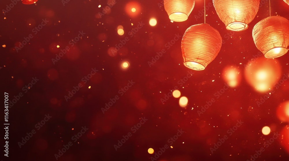 Poster glowing red lanterns hanging against a dark red bokeh background.