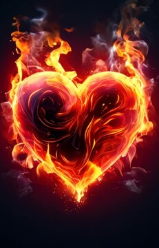 Burning heart on black background. Orange, yellow and red flame. Concept of love and passion