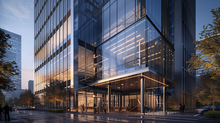 Obraz premium Modern Glass Skyscraper against a Blue Sky Modern business building with sky reflection