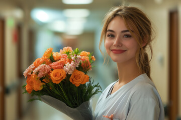 A woman is holding a bouquet of flowers and smiling. Generative Ai.