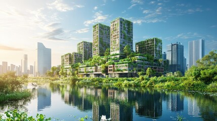 Fototapeta premium Eco-friendly skyscrapers by a tranquil river, showcasing sustainable urban development.