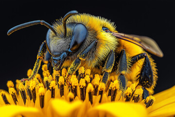 A close up of a yellow and black bee on a yellow flower. Generative Ai.