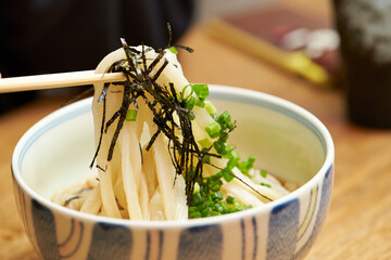 Boiled udon noodles in a bowl