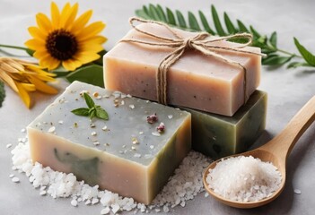 A variety of colorful handmade soaps and bath salts displayed on a wooden tray