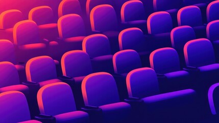 Obraz premium Empty rows of vibrant purple and orange cinema seats.