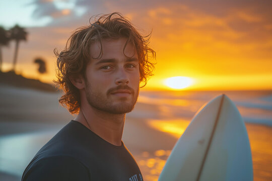 A man with a beard and long hair is standing on a beach holding a surfboard. Generative Ai.