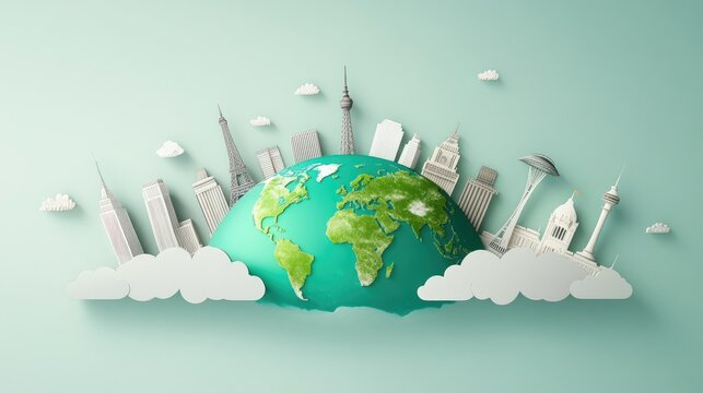 Famous global landmarks encircling a papercraft Earth.
