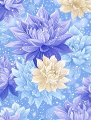 Blue and Cream Flowers with White Dots on a Sky Blue Background