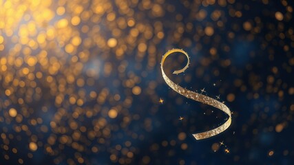 Fototapeta premium Golden ribbon swirl against a dark blue bokeh background with sparkling lights.