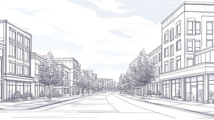 Sketch of a modern city street with buildings and trees.