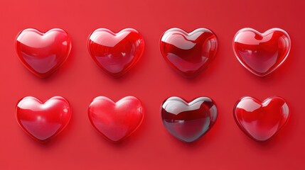 Fototapeta premium Eight glossy red hearts on red background.